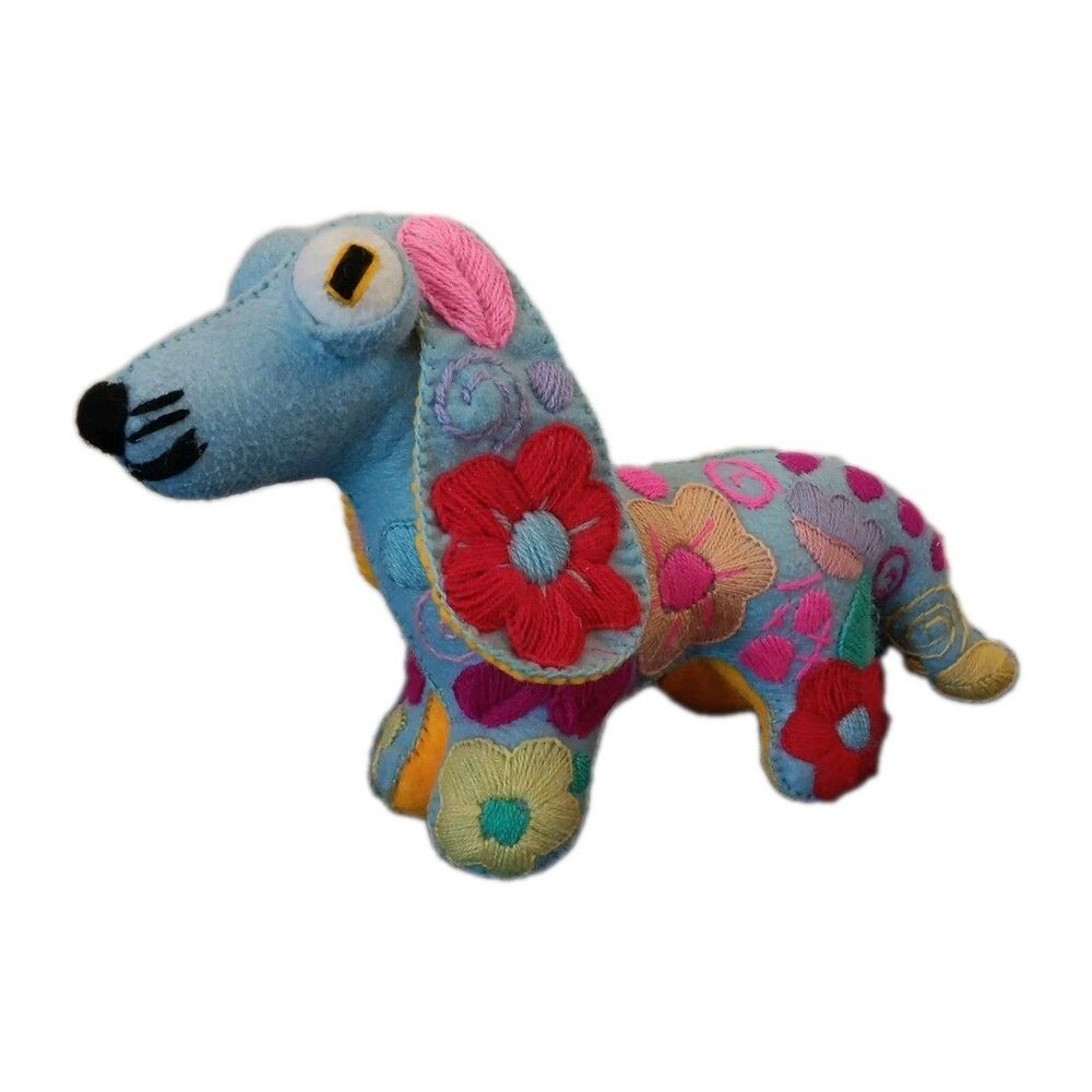 Mexican Folk Art Handmade Dachshund Dog Puppy Pastel Blue Felt Embroidered Flora